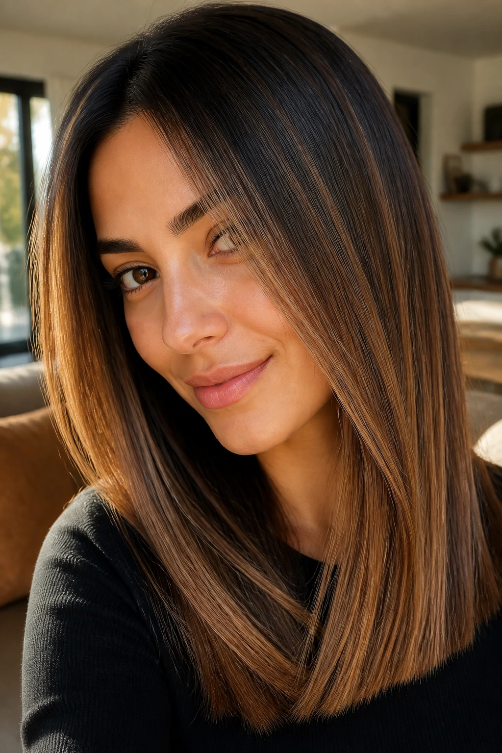 Close-up portrait showing Toffee Slices highlights on straight brown hair
