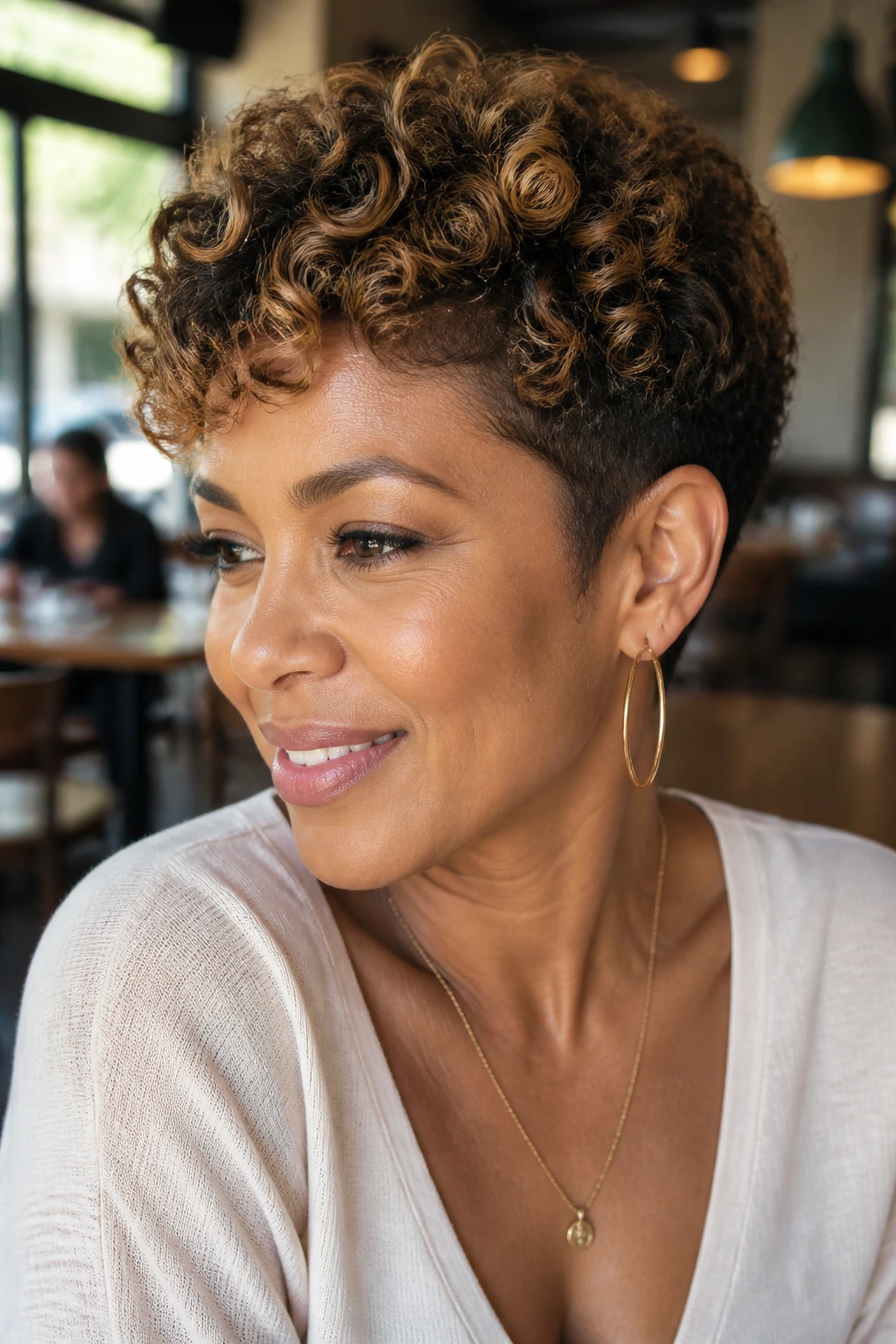 Close-up of tapered curly cut with toffee slices