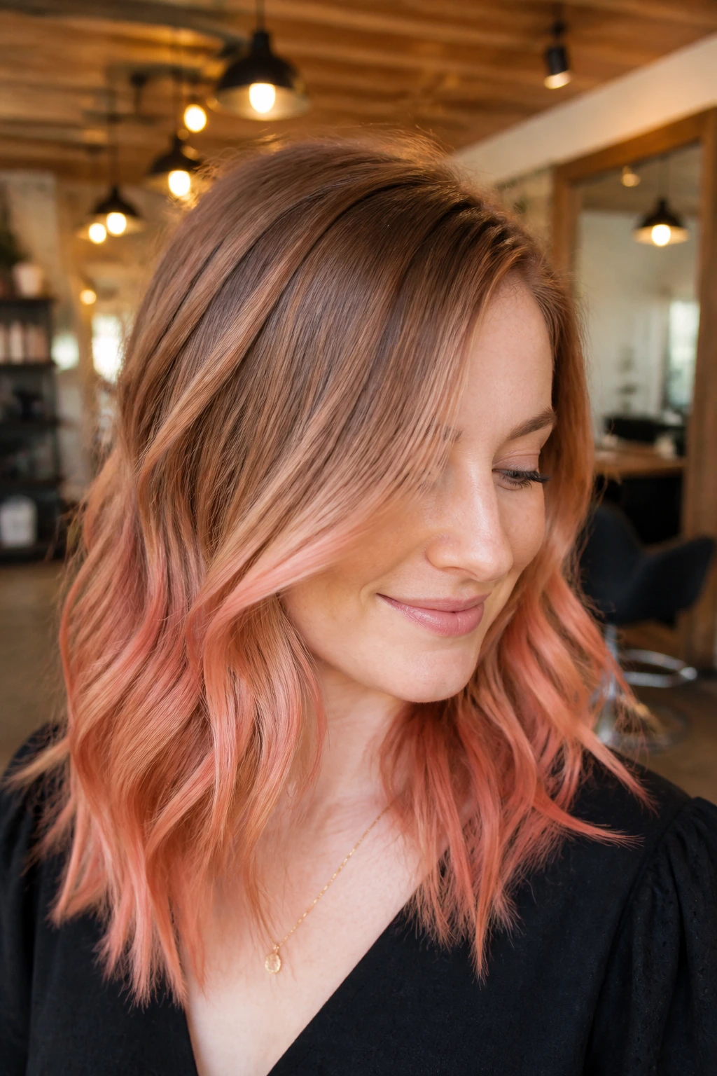 Close-up of a real woman with toffee-rooted strawberry ends in a warm salon setting