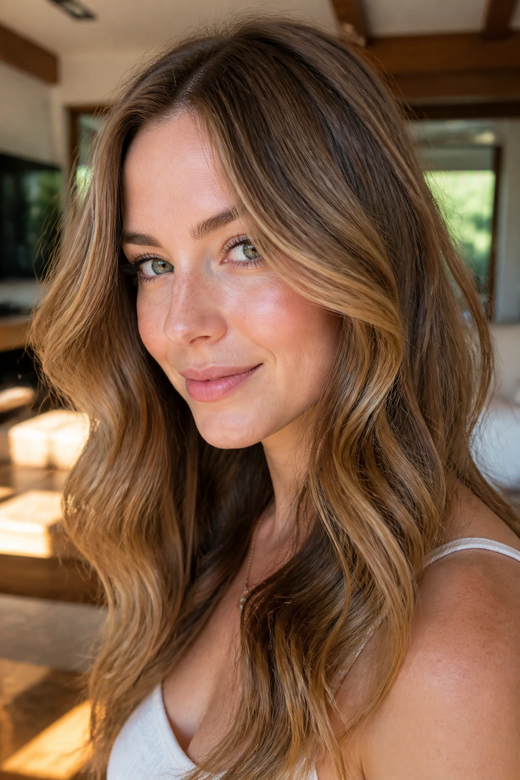 Real person with warm toffee swirl highlights blending through light brown hair