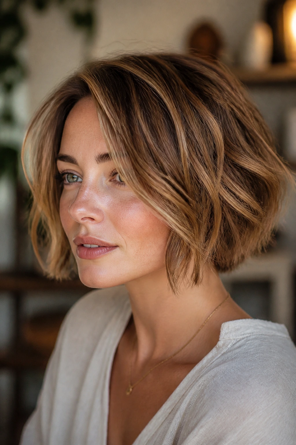 Close-up of a real woman with toffee swirl highlights and piecey layers in a layered bob