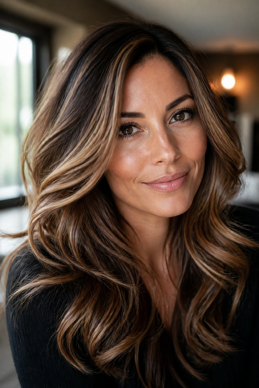 Close-up of a real woman with toffee swirl layers in brunette hair