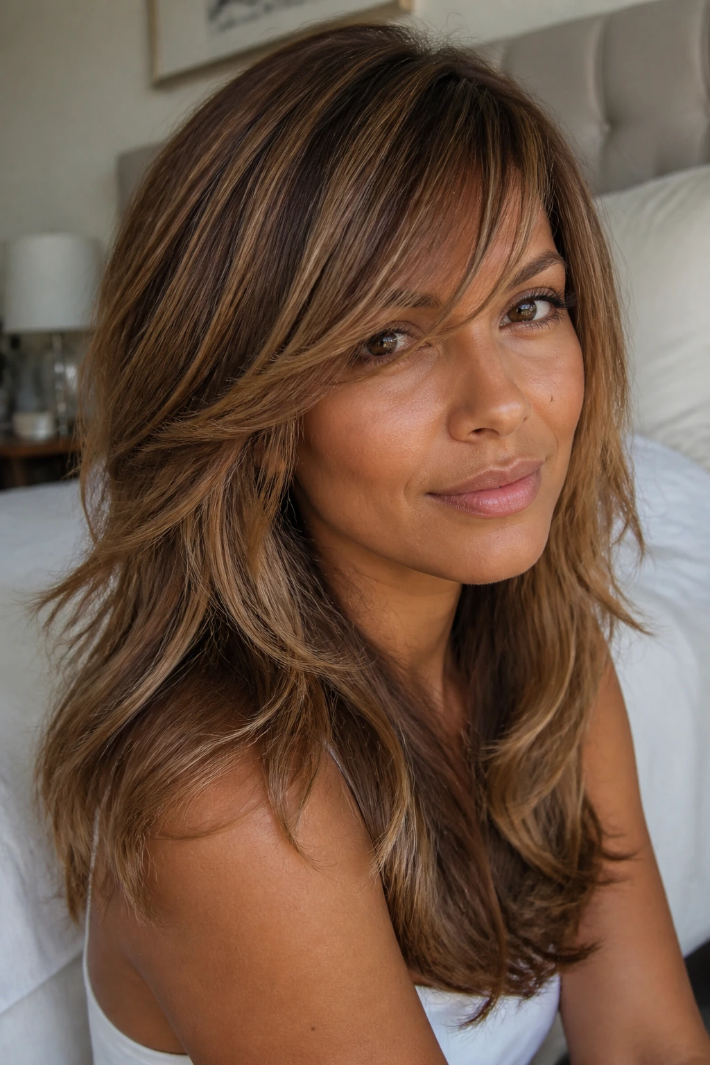 Close-up of a real woman with toffee swirl layers and side-swept bangs on tan skin.