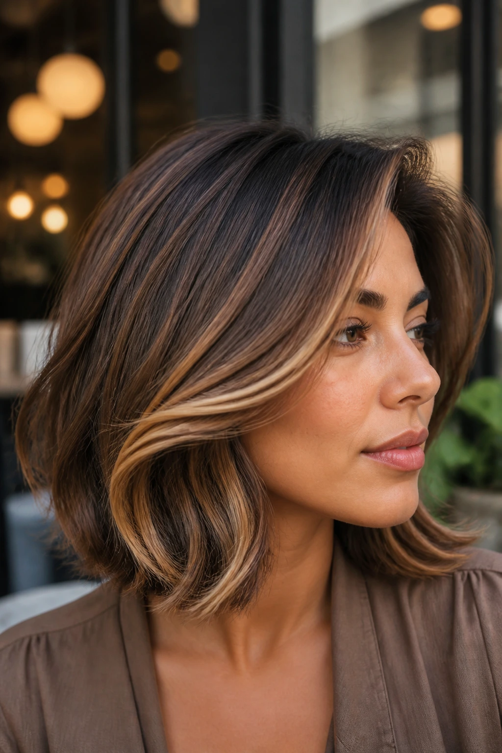 Side-profile of a real woman with Toffee Swirl Lob showing warm toffee highlights