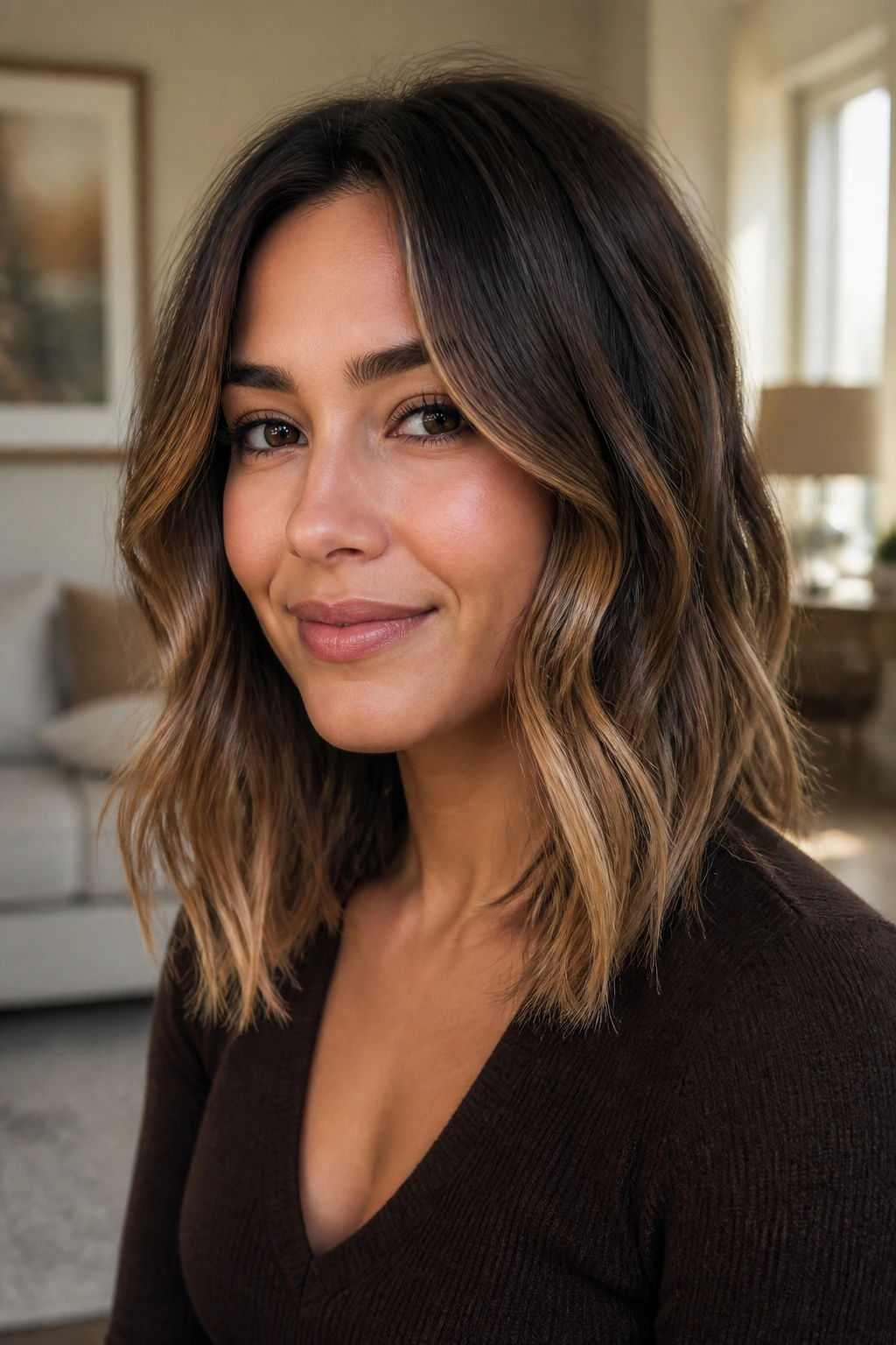 Close-up of a woman with a textured toffee lob in a cozy home setting