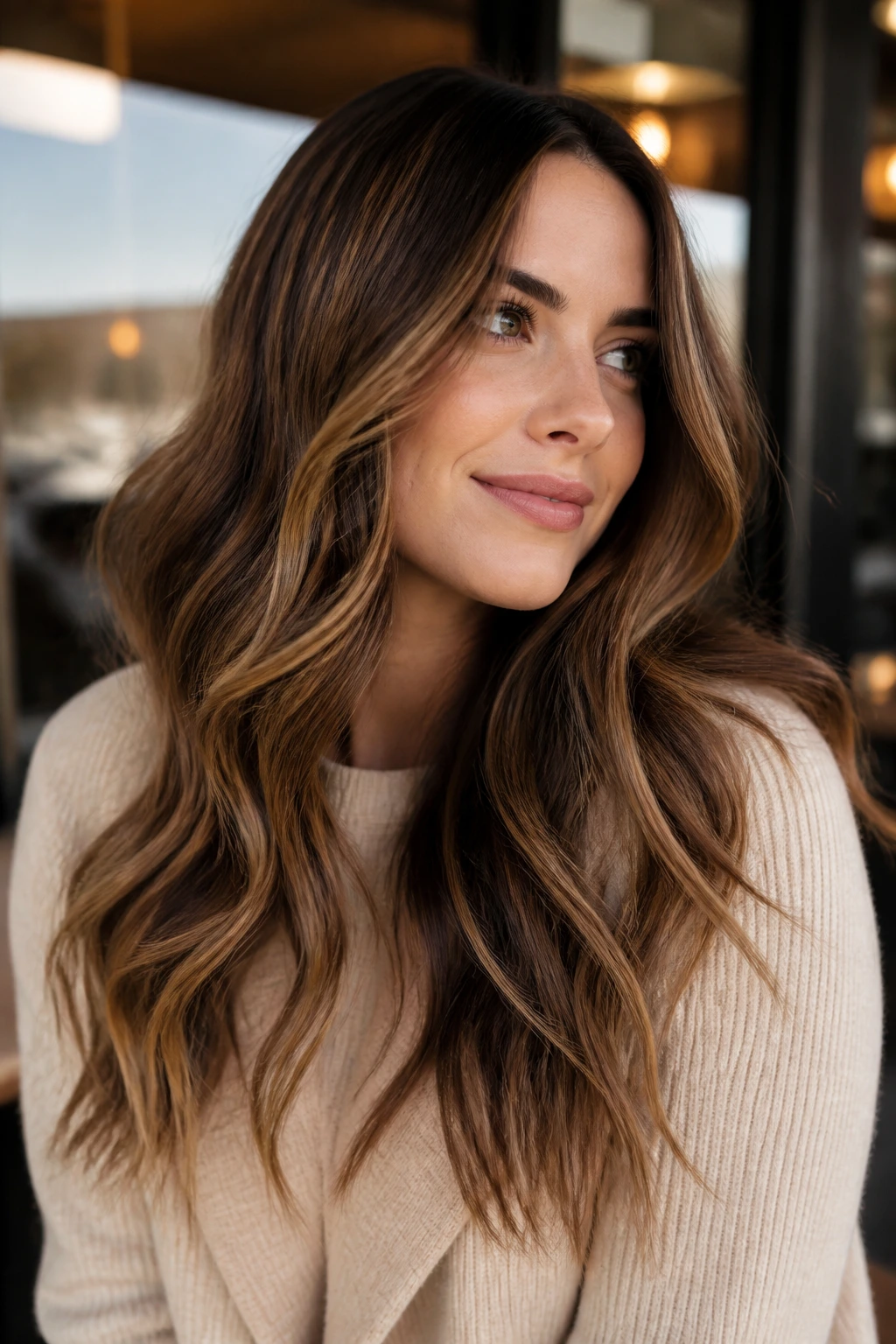 Real woman with long waves and toffee thread highlights