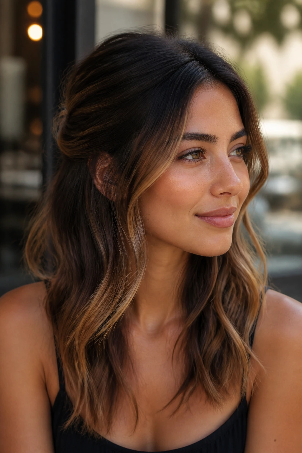 Close-up portrait of a real woman with toffee-tipped half-up hairstyle