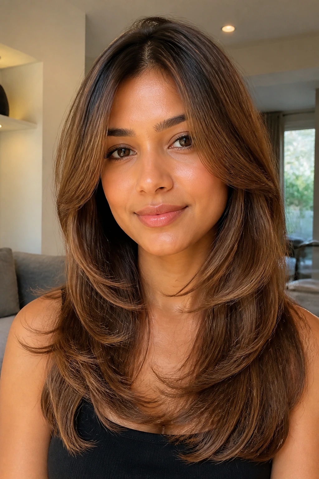 Close-up of a real woman with a toffee-toned butterfly cut in a cozy living room.