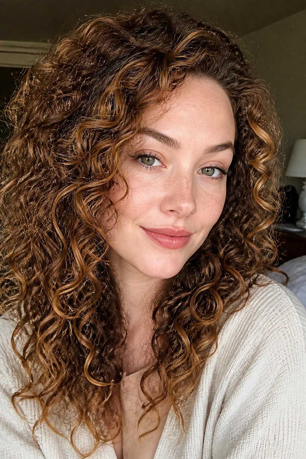 Close-up of a real woman with toffee-toned curly brown hair in warm window light