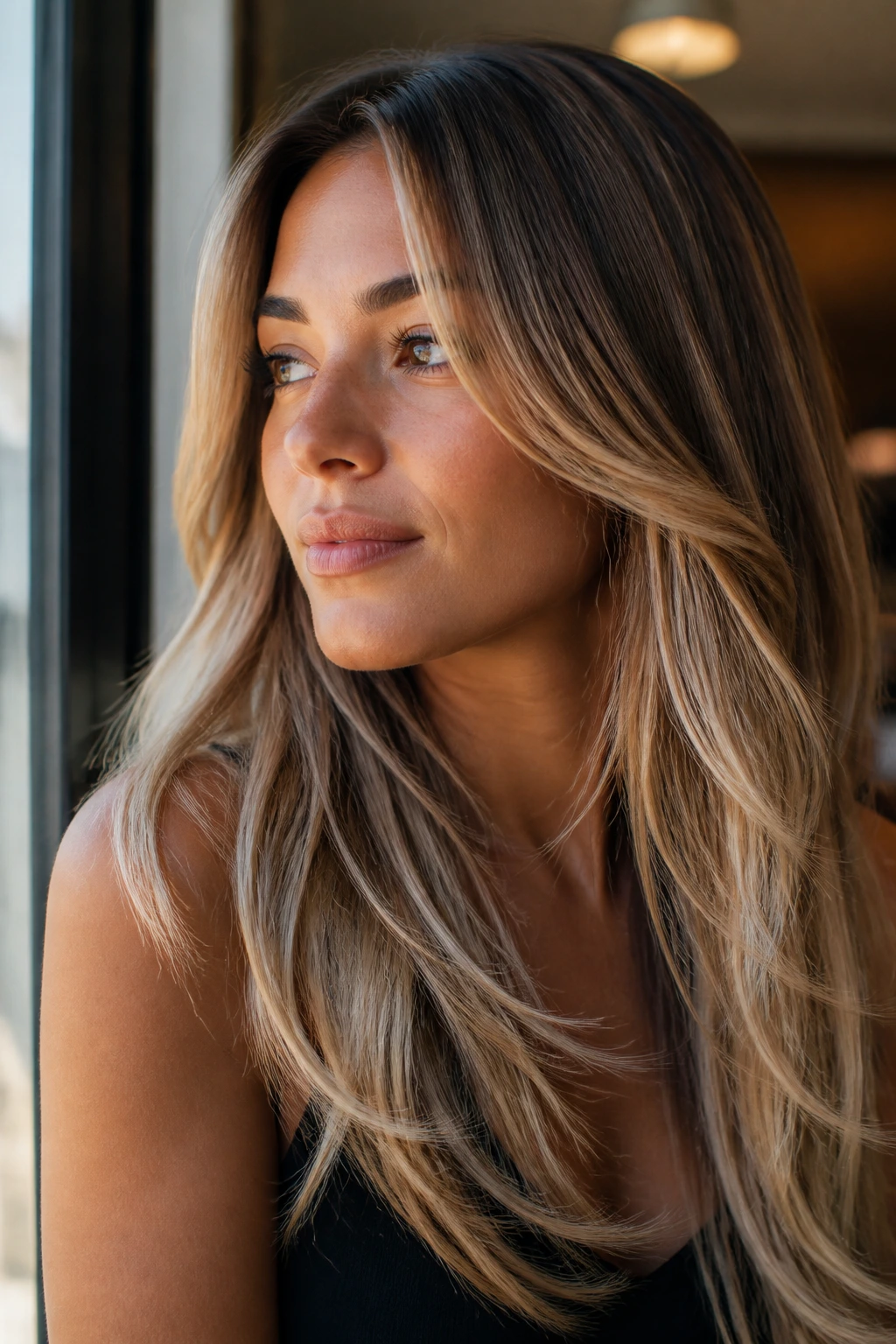 Close-up of a real woman with long layered hair featuring toffee and vanilla highlights
