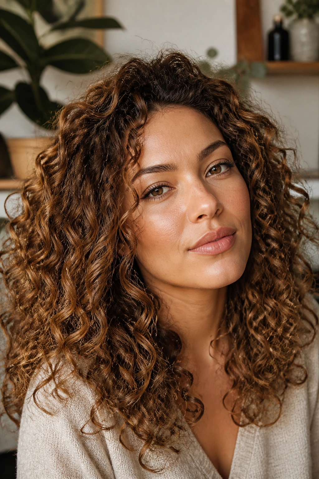 Close-up of textured hair in toffee shade on a real person