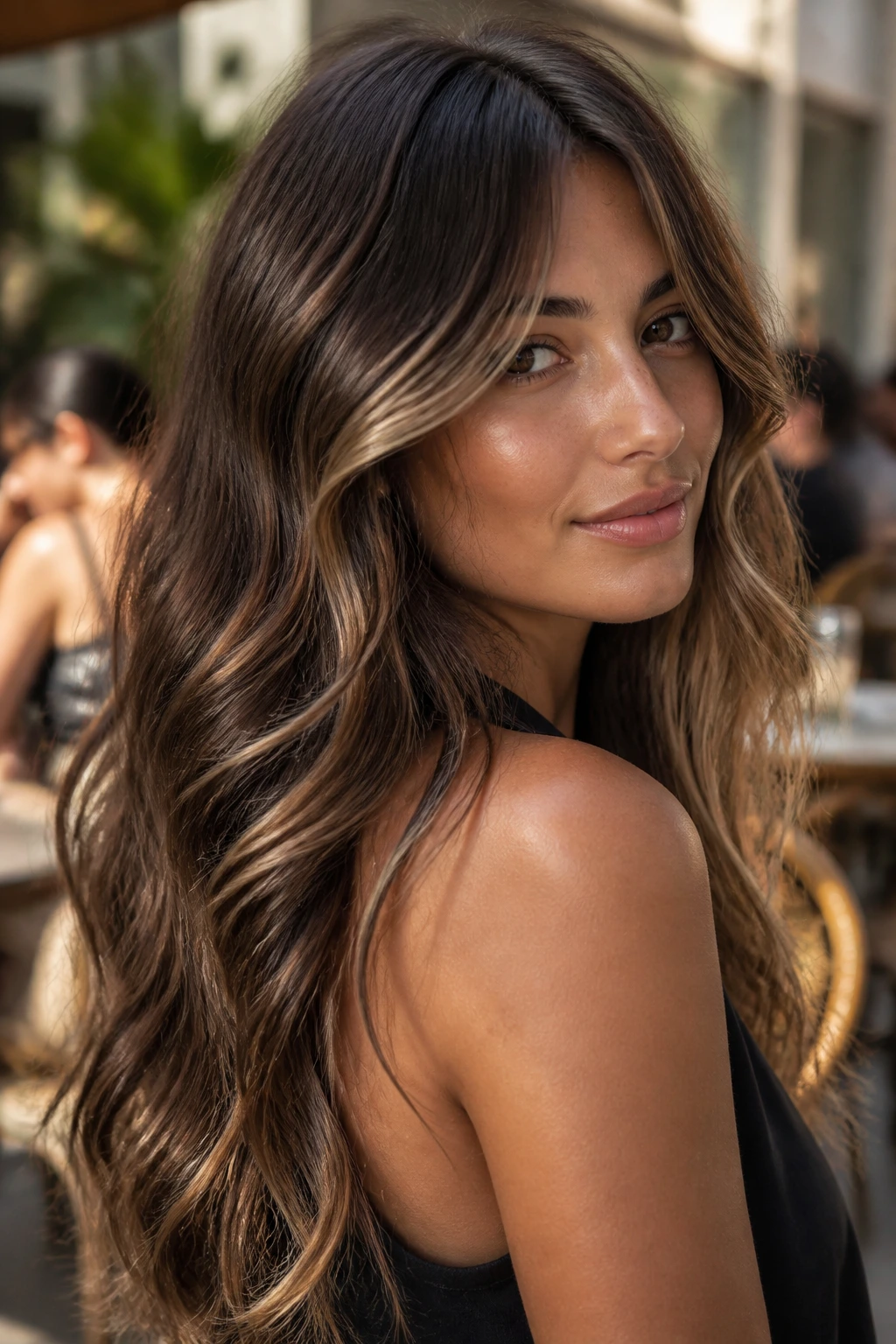 Real woman with toffee veil balayage peeking through waves in warm sunlight