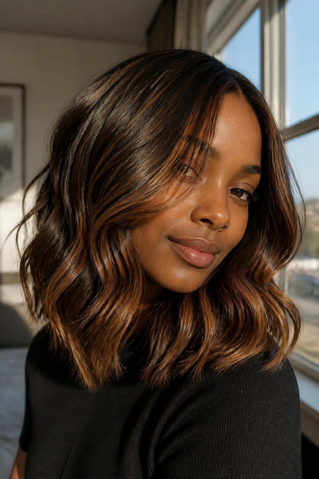 Close-up of a deep-skinned model with medium-length brunette hair showing a warm toffee veil balayage.