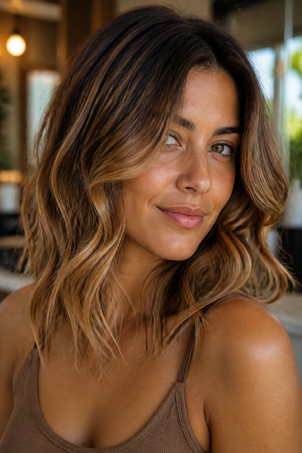 Close-up of a real woman with toffee-woven highlights in shoulder-length wavy hair on olive skin