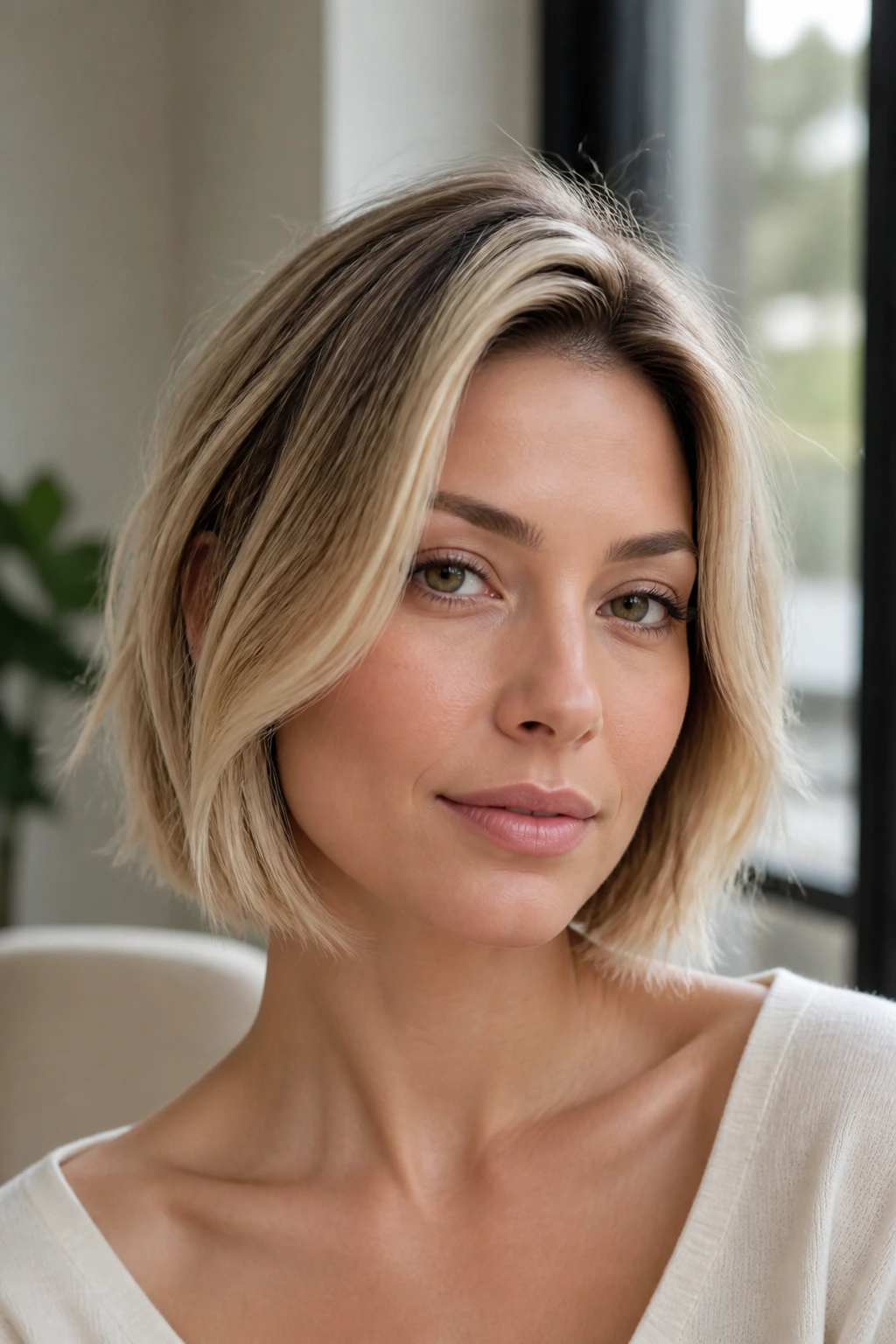 Portrait of a real woman with Tokyo airy midi bob in champagne blonde