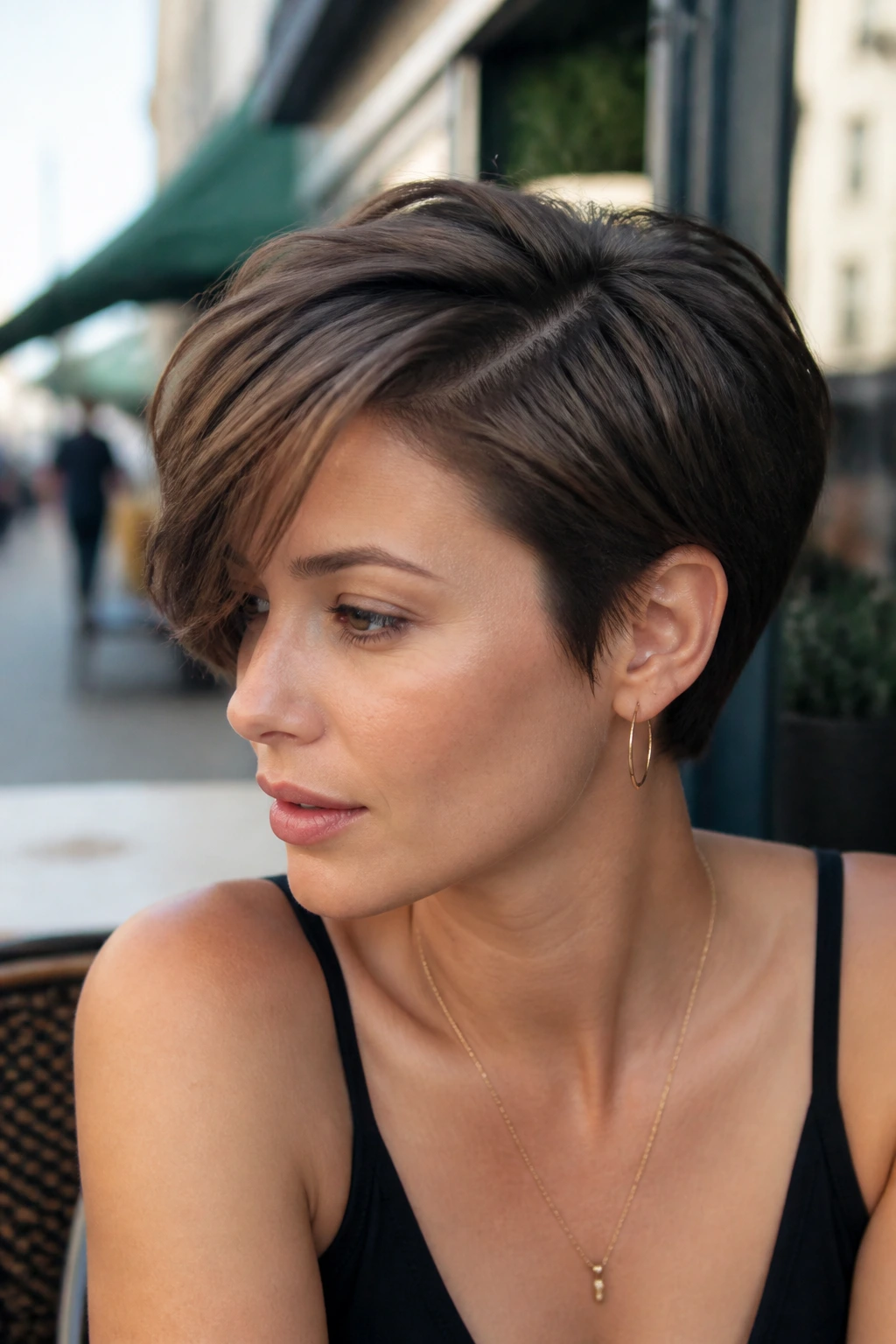Side-parted tomboy crop hairstyle on a real person