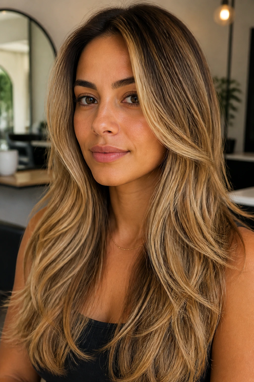Portrait of a person with multi-toned honey hair in beige-gold caramel tones in a salon