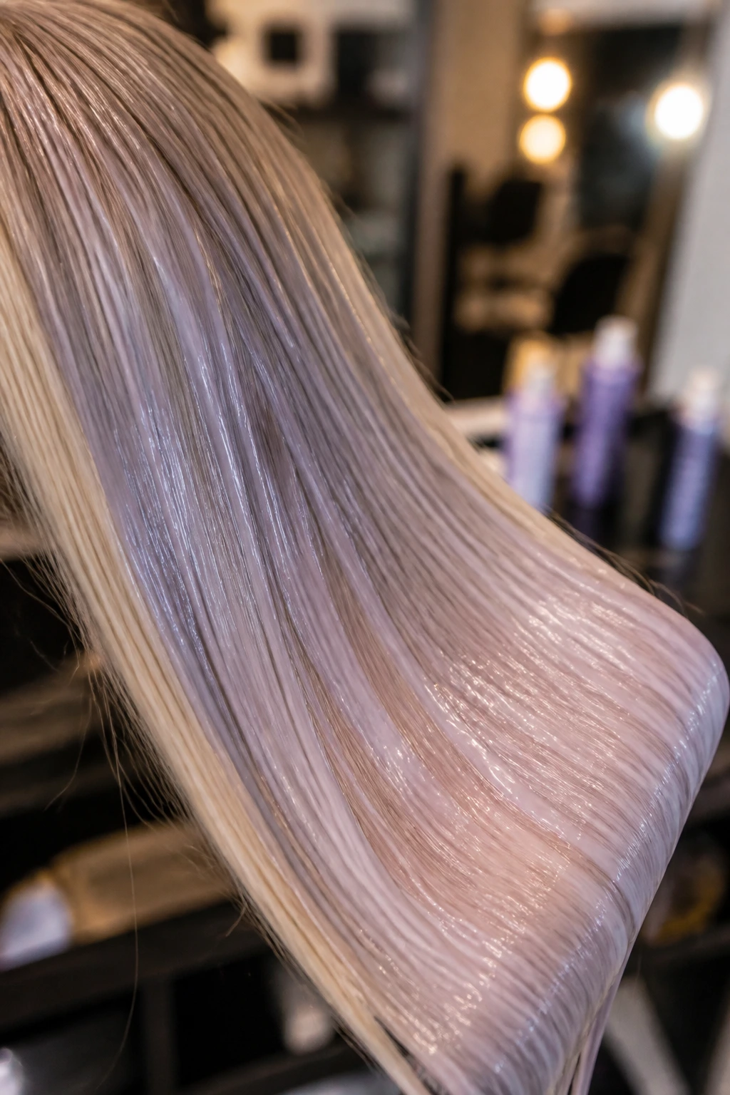 Close-up of beige-blonde hair strand with violet-beige gloss boosting tone.
