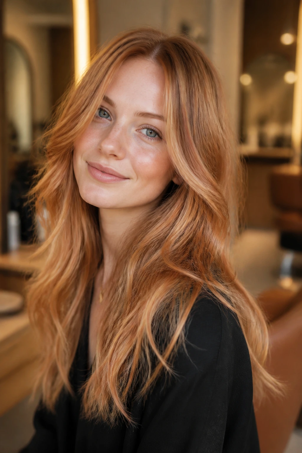 Close-up of glossy strawberry blond hair with peach-rose glaze