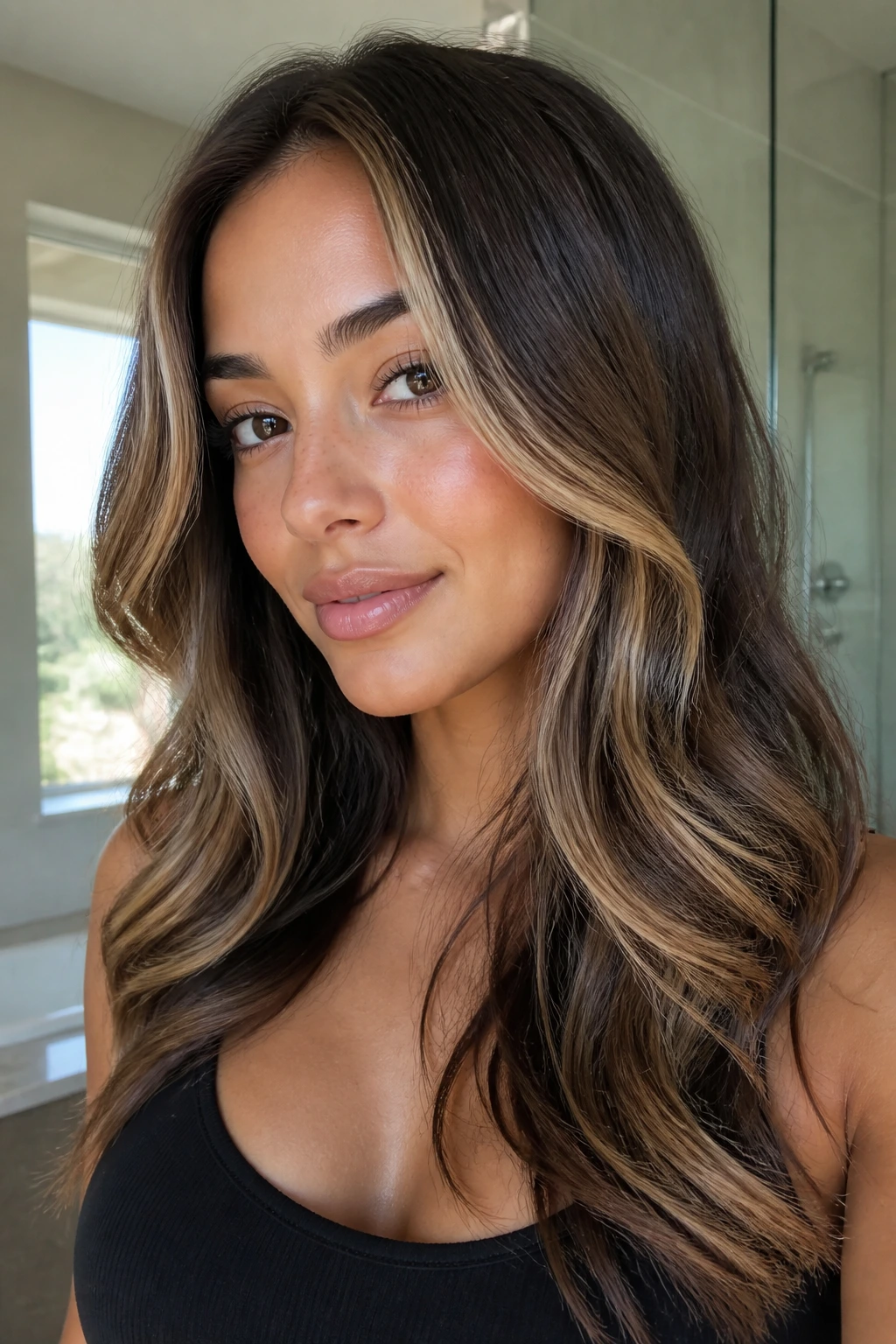 Portrait of a real woman with glossy waves and subtle money piece