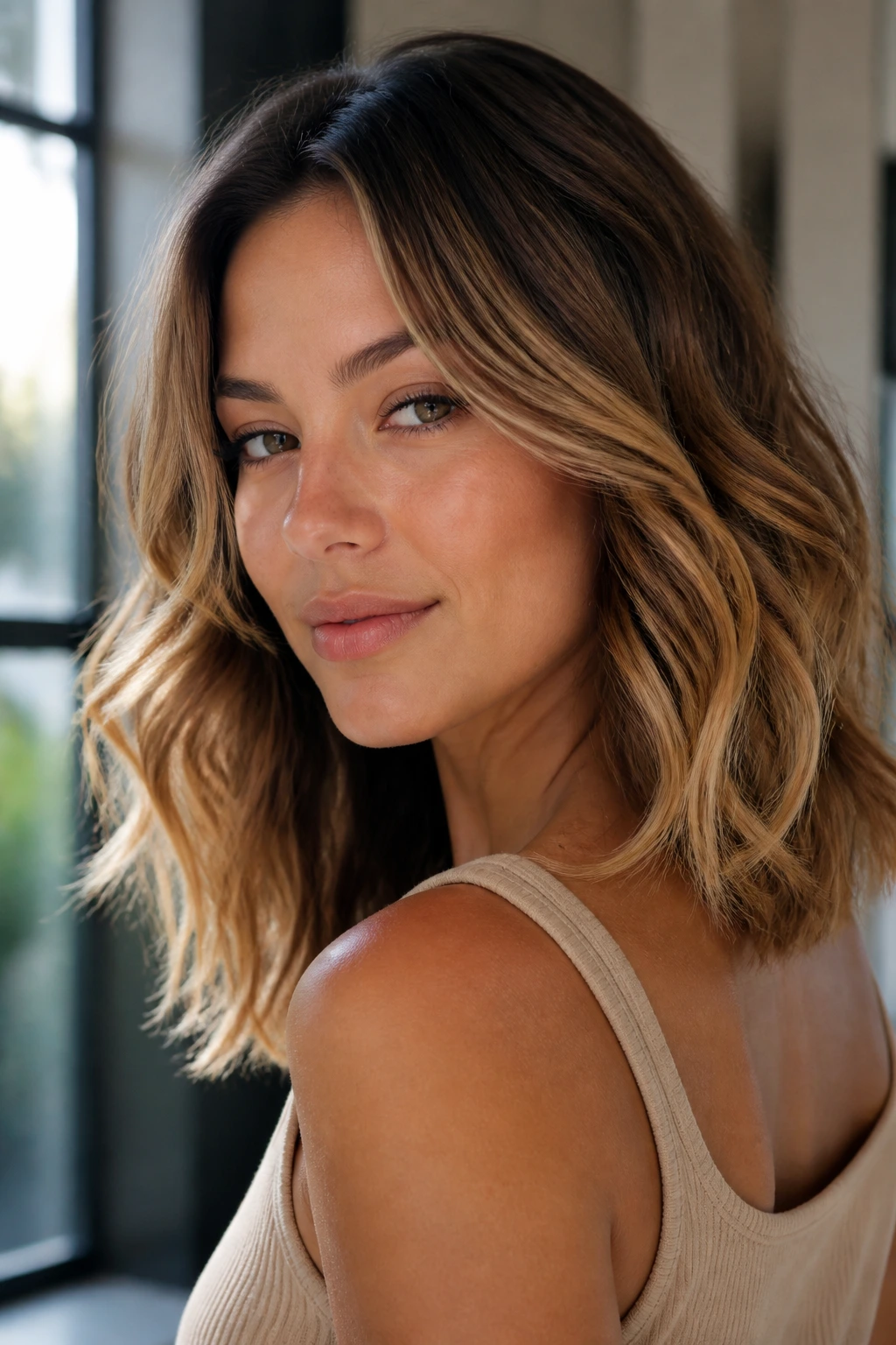 Real woman with caramel beige-gold tones and darker nape in natural light