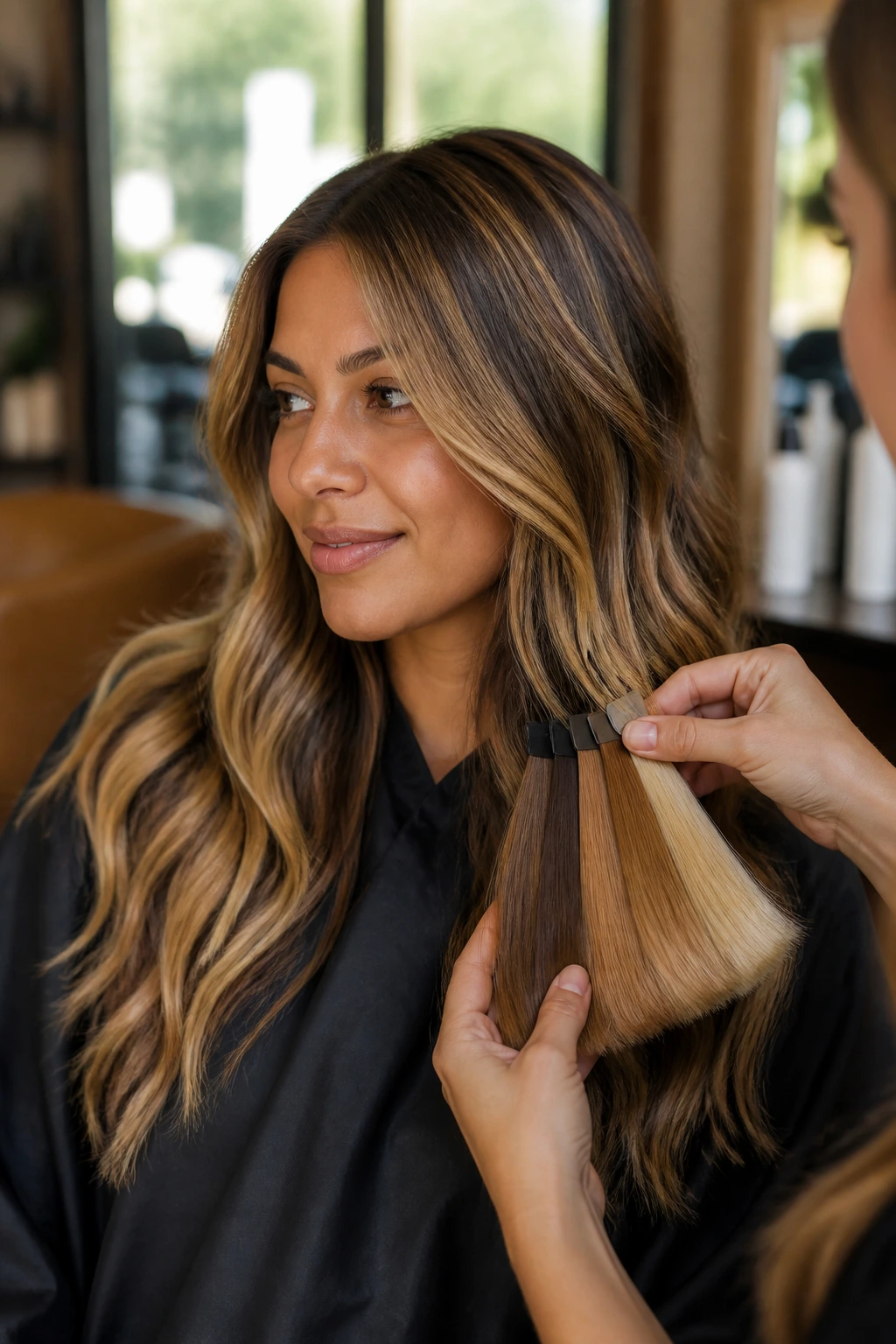 Salon tone-consult scene focusing on client and stylist discussing tone options with color swatches.