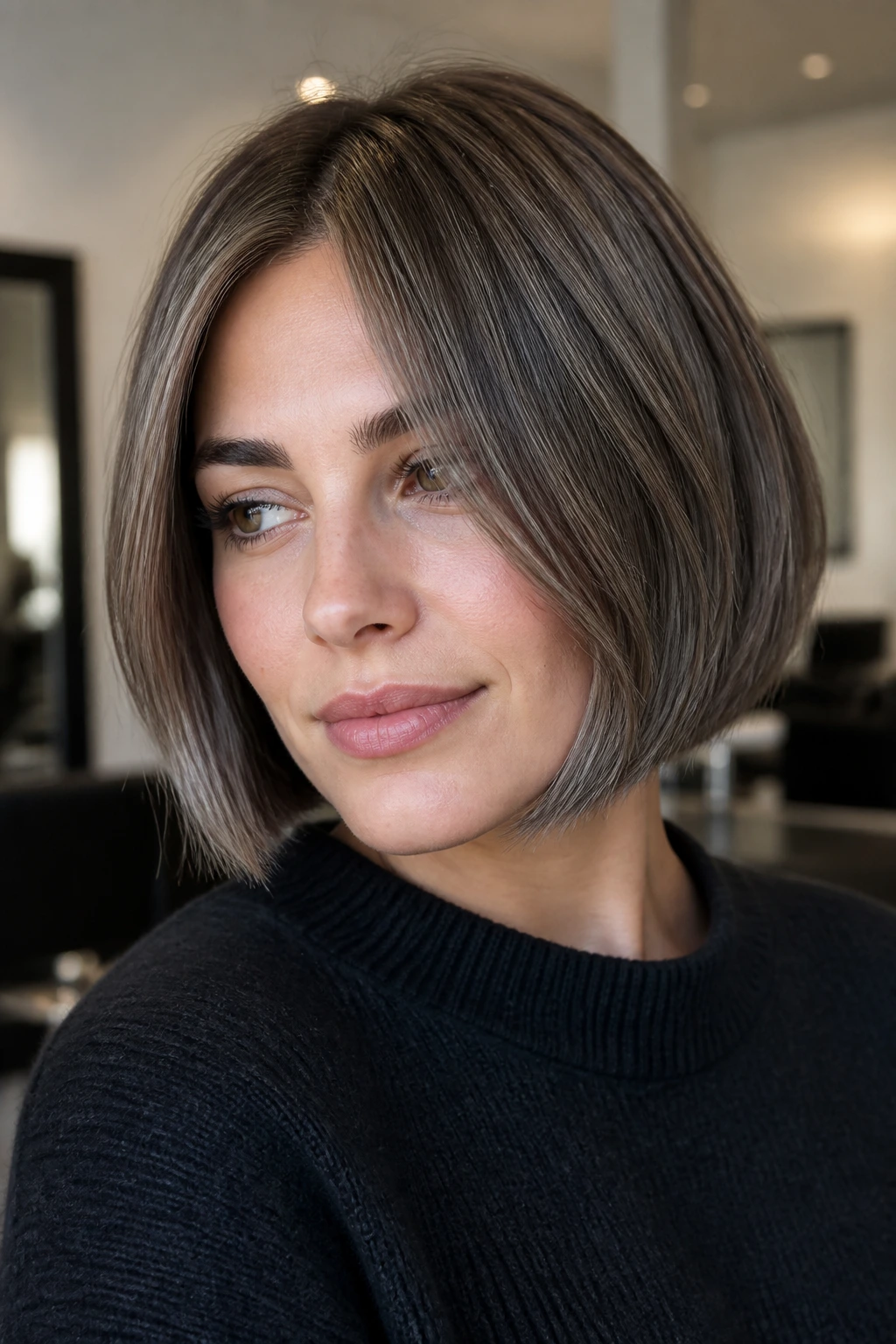 Close-up portrait of a real woman with a chin-length bob in cool ash-toned brunette