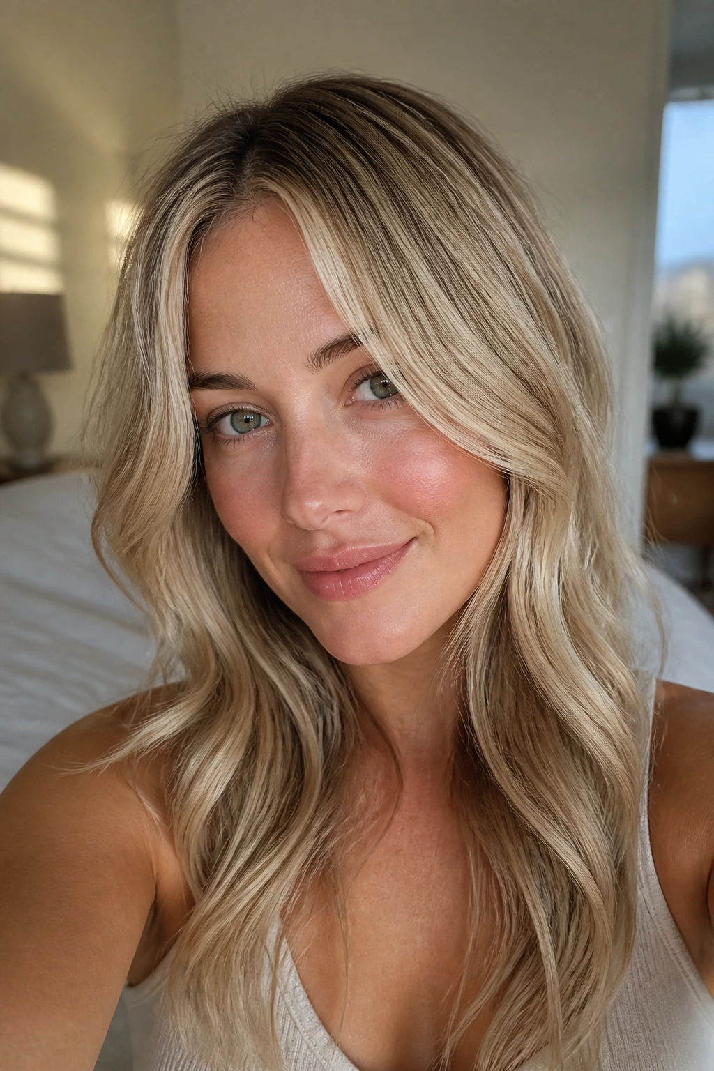 Close-up of a real woman's blonde hair showing tone and depth variations with root shadow and babylights in warm natural light