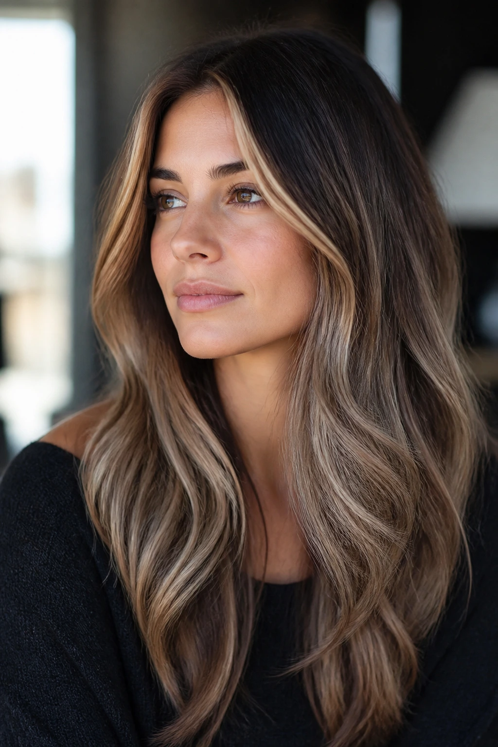 Brunette with warm caramel, cool ash, and beige tones in hair.
