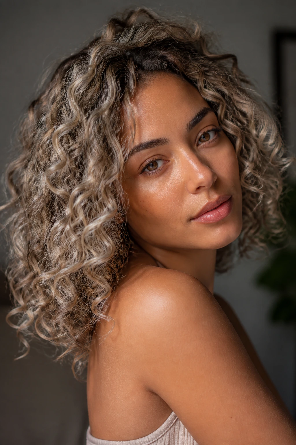 Real person with beige-ash tone hair on tan skin under soft light