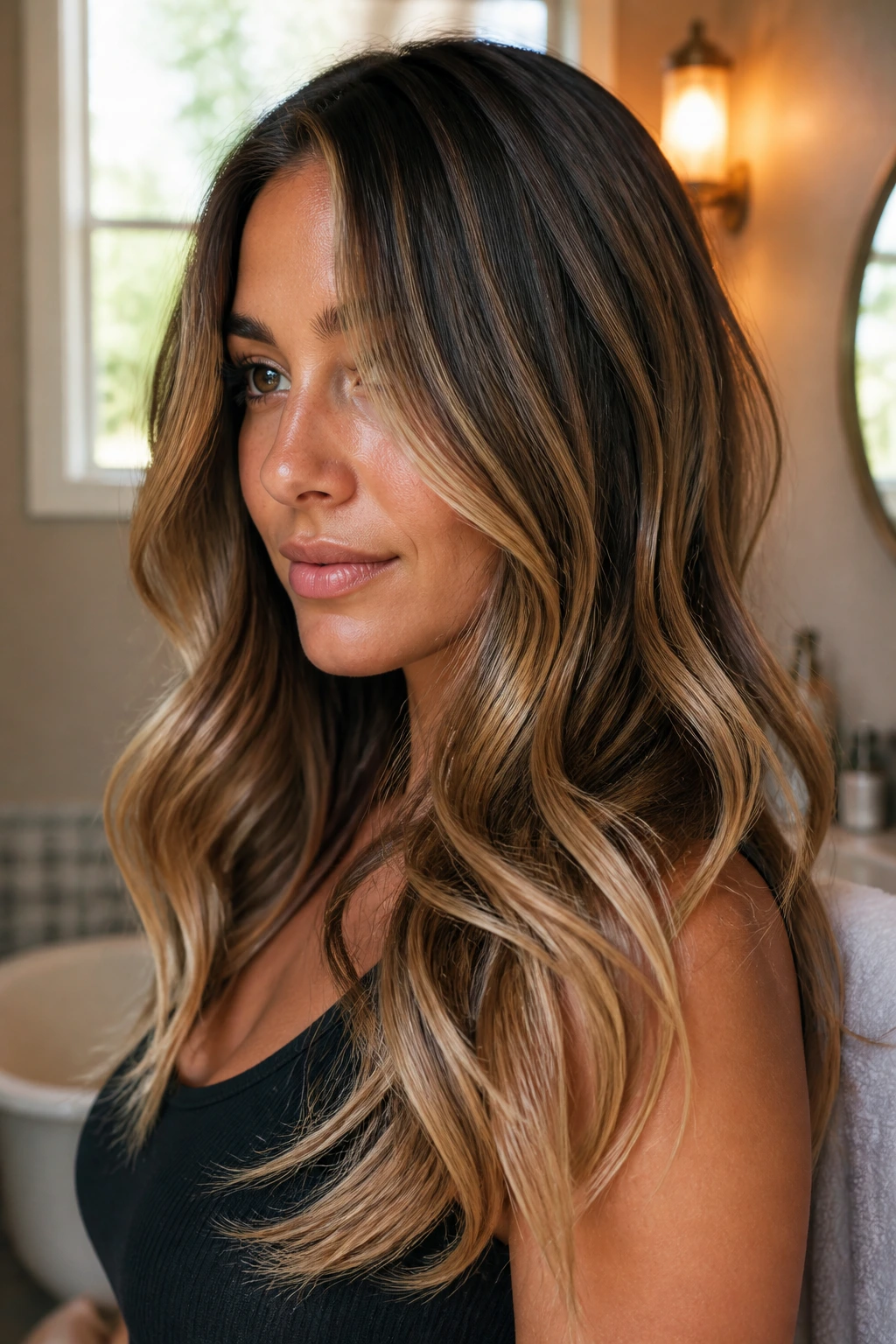 Close-up of a dark-wavy-haired woman with maintained blonde tone between salon visits