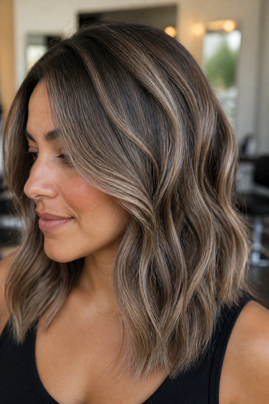 Close-up of a real woman with cool-toned ash beige to mushroom highlights in salon lighting