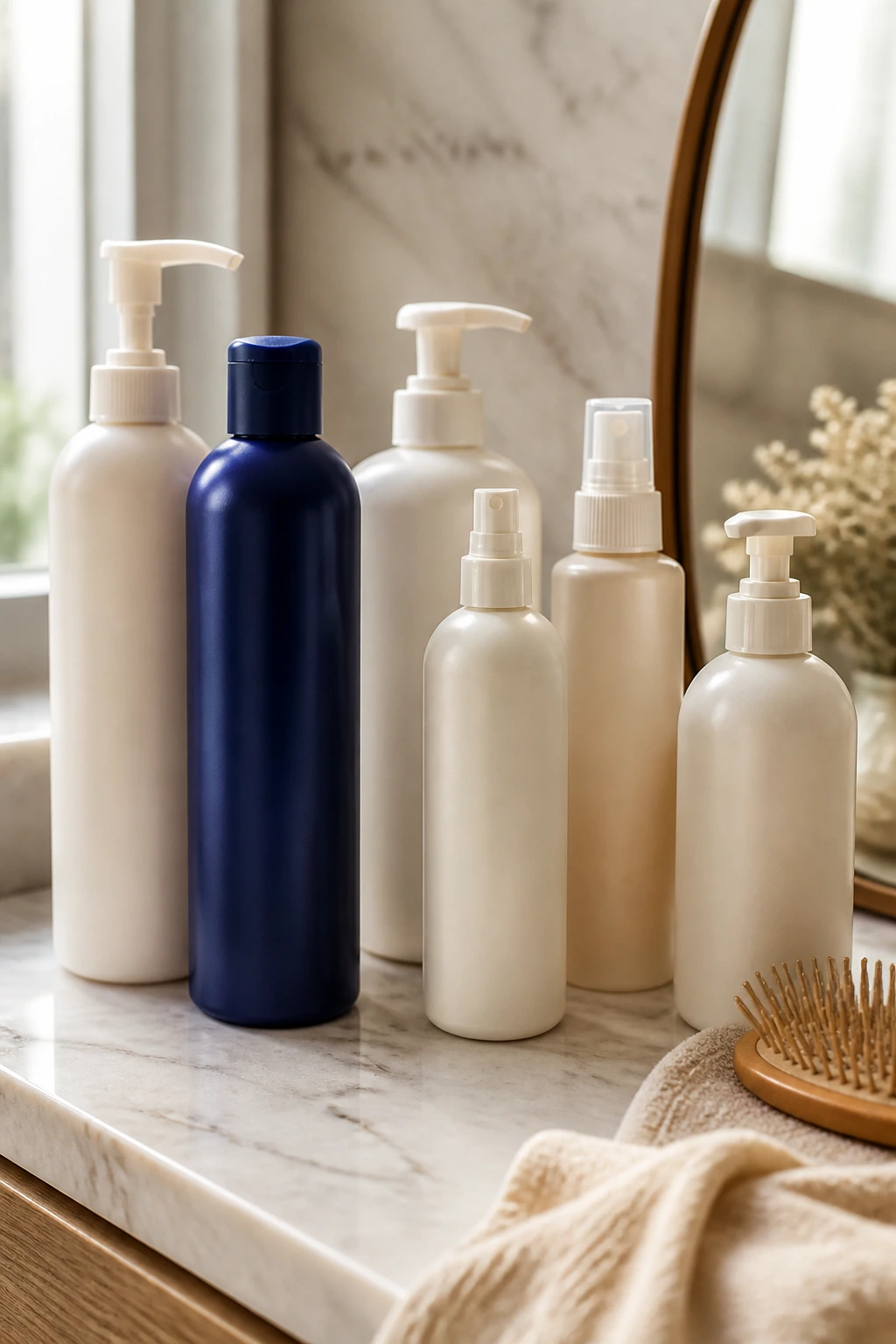 Blank-label hair care bottles on a bathroom counter for tone maintenance.