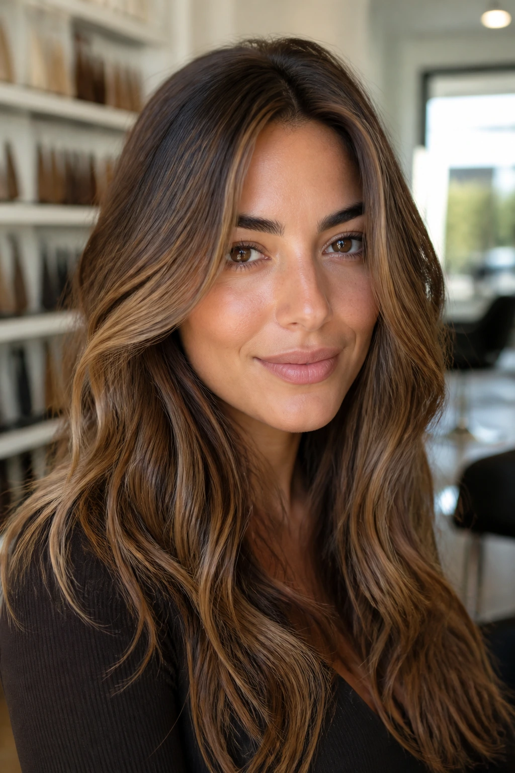 Portrait of a real person with caramel-brown-honey hair in a salon-like setting.