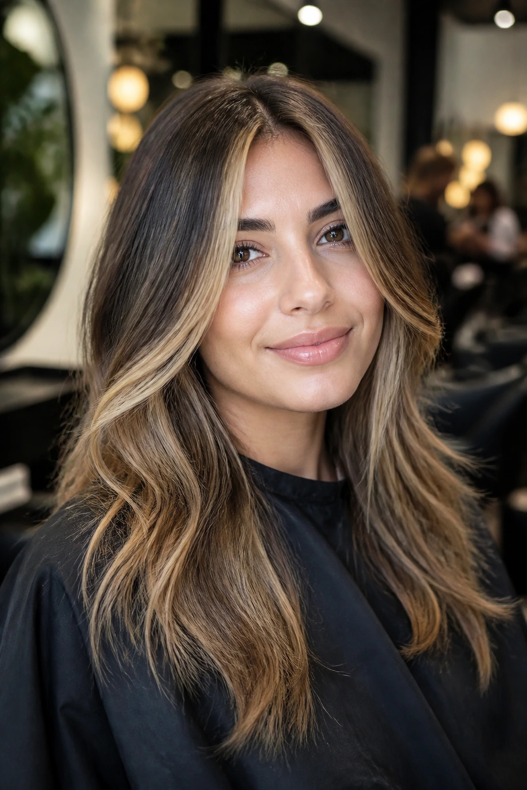Portrait of a woman in a salon chair showing face-framing highlights