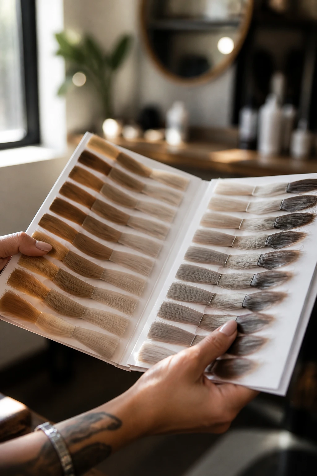 Hands holding color swatches in a sunlit salon to read tones