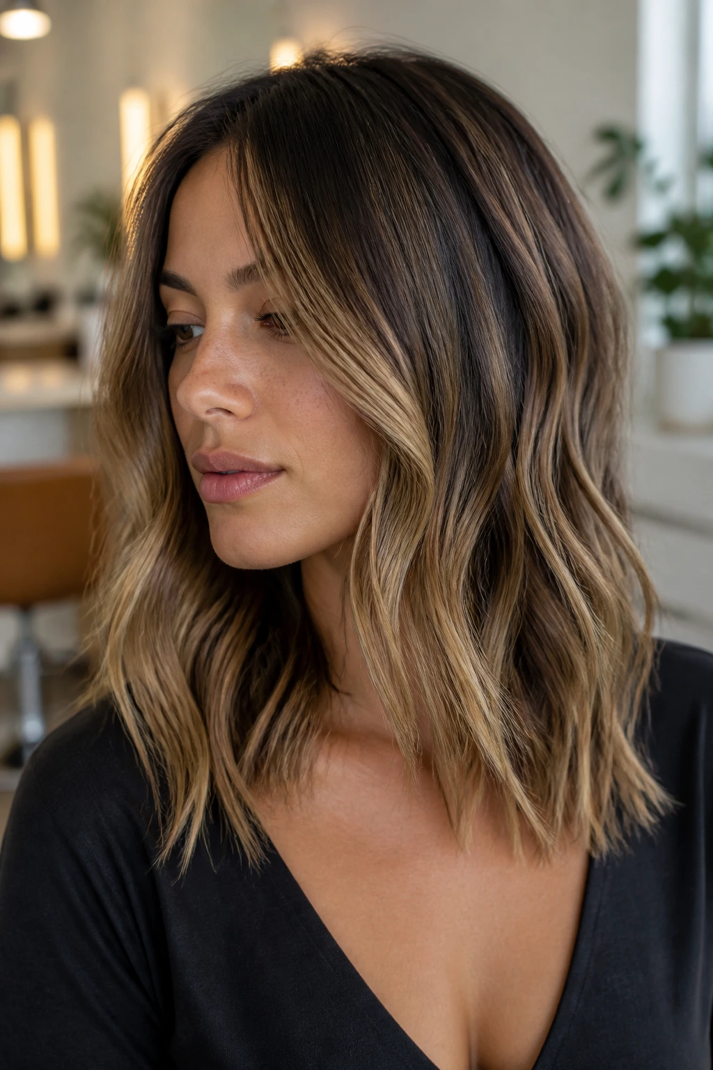 Brunette showing warm and cool blonde tones with root shadow