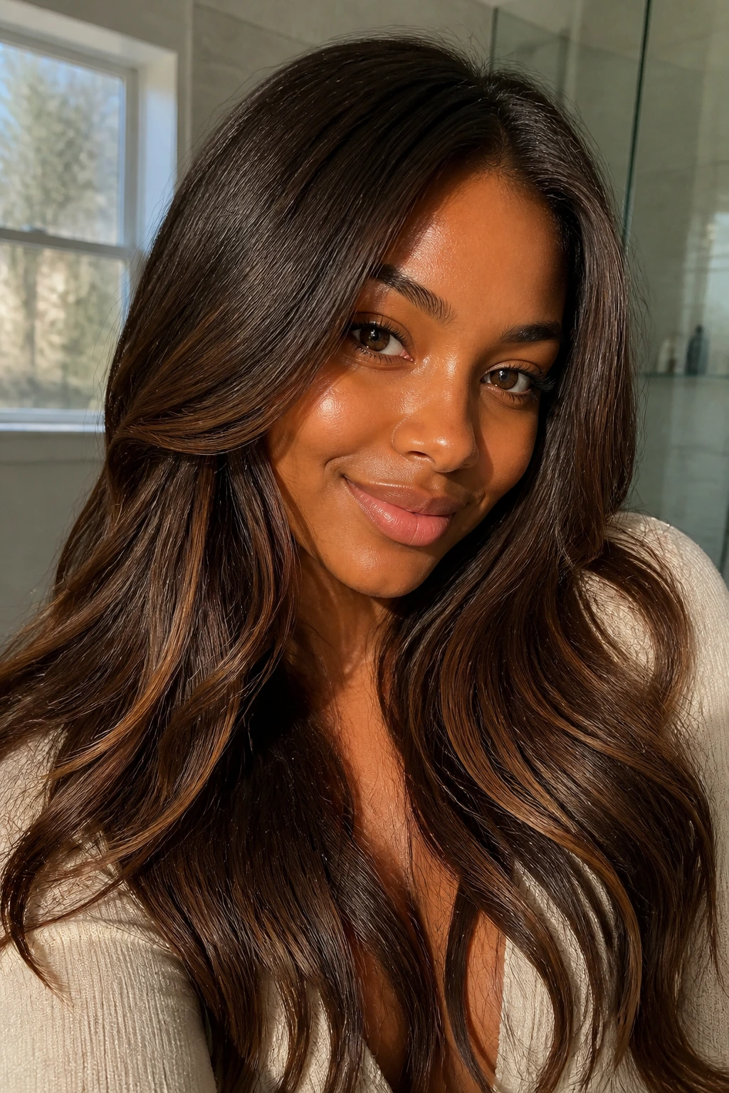 Portrait of a real person with soft, glossy brunette hair in warm light.