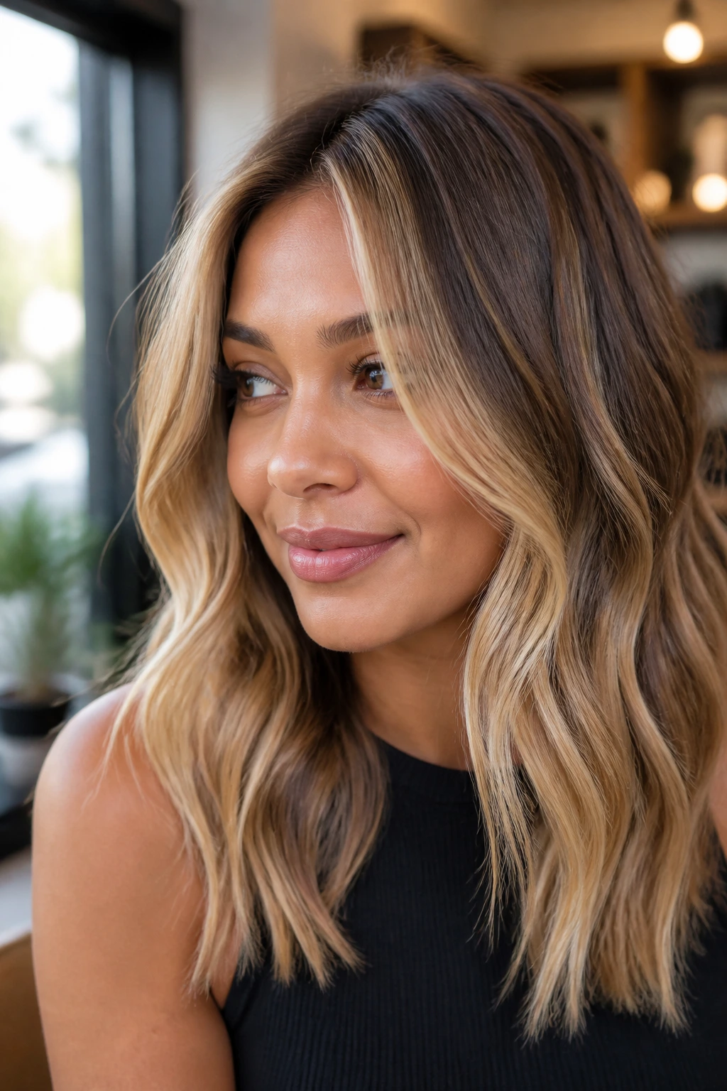 Close-up portrait showing subtle root melt and face-framing blonde tones on a real person with medium skin