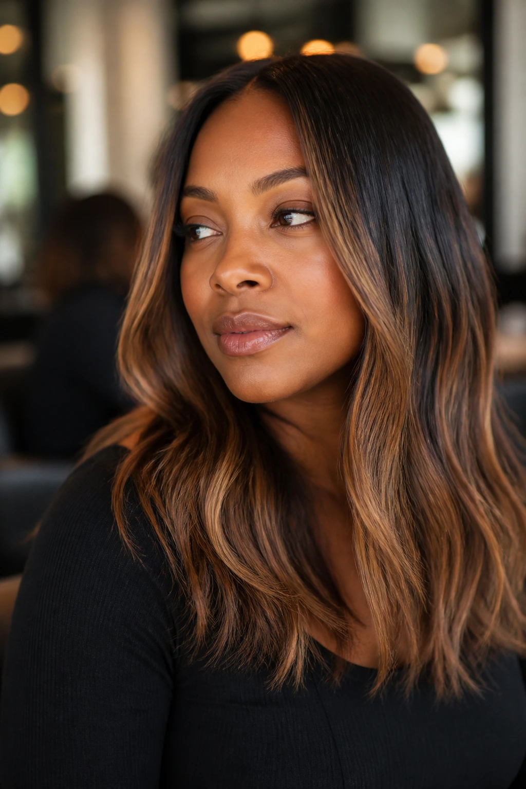 Portrait of woman with caramel bronze ombre showing soft tones