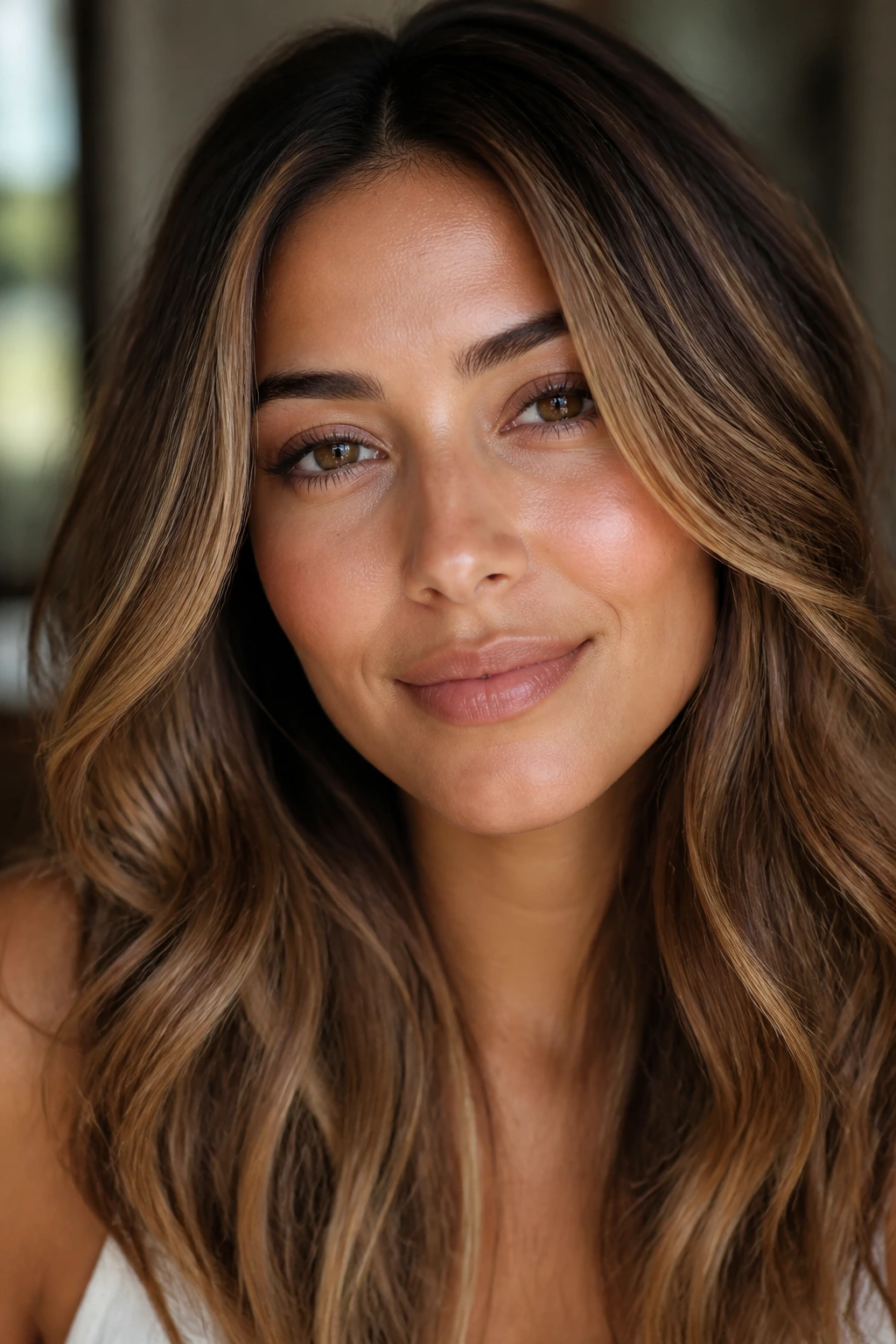 Close-up of brunette with subtle caramel tone tweaks in natural light