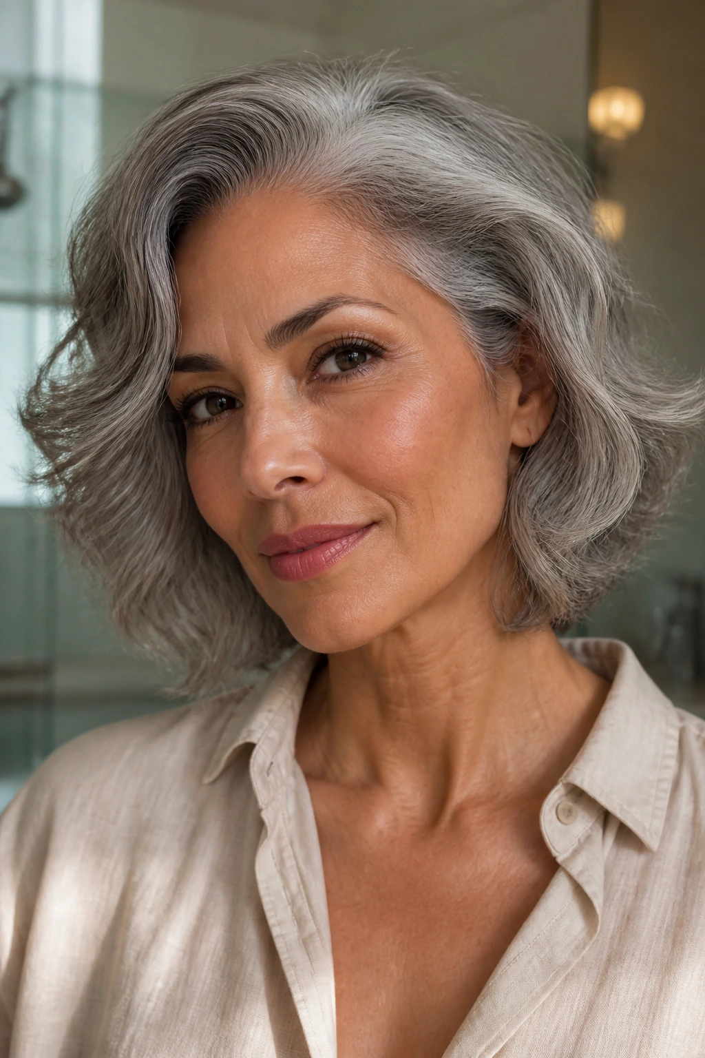 Portrait of a person with toned grey hair highlighting grey styling