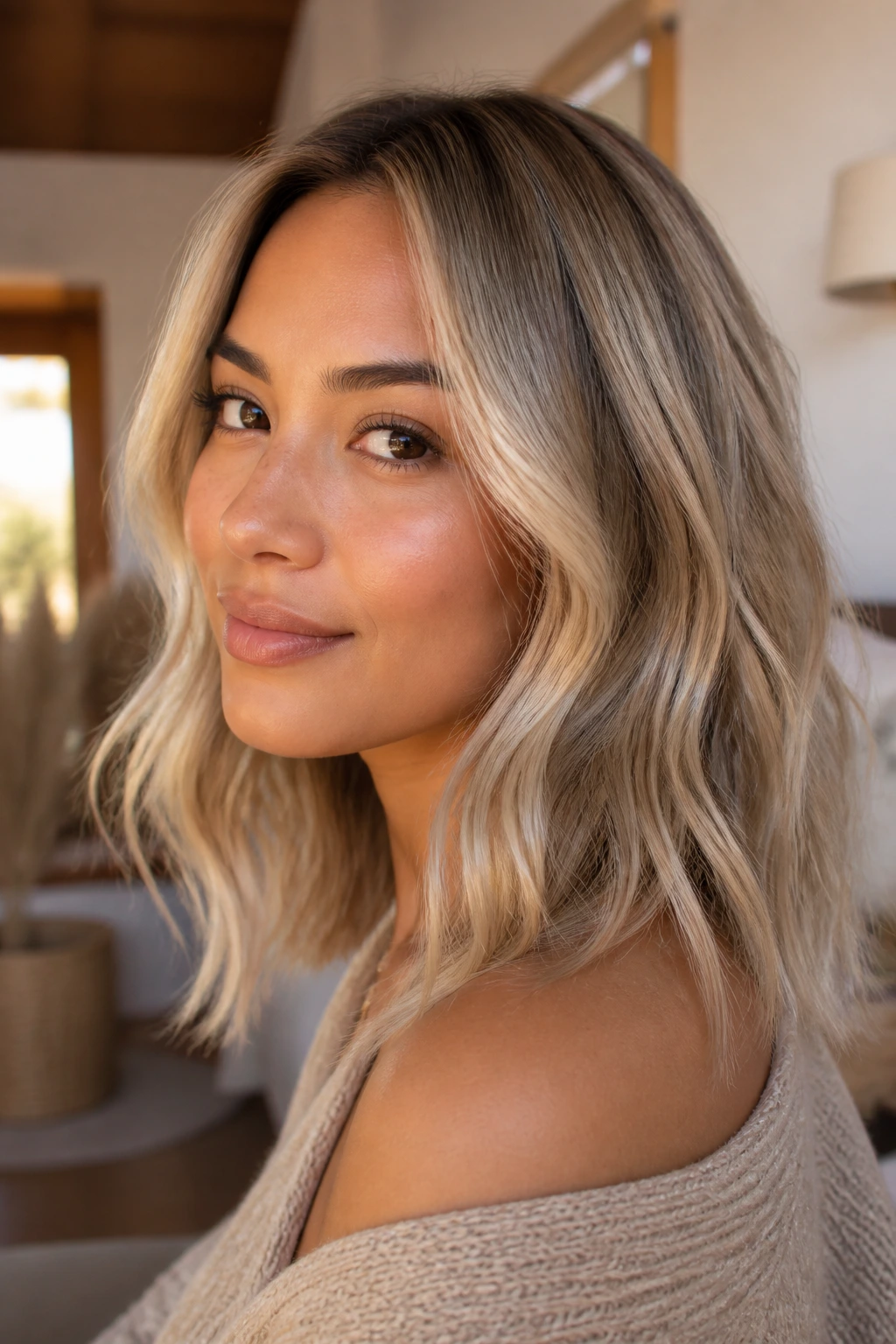 Portrait of a woman with medium skin tone and beige-toned toner blonde