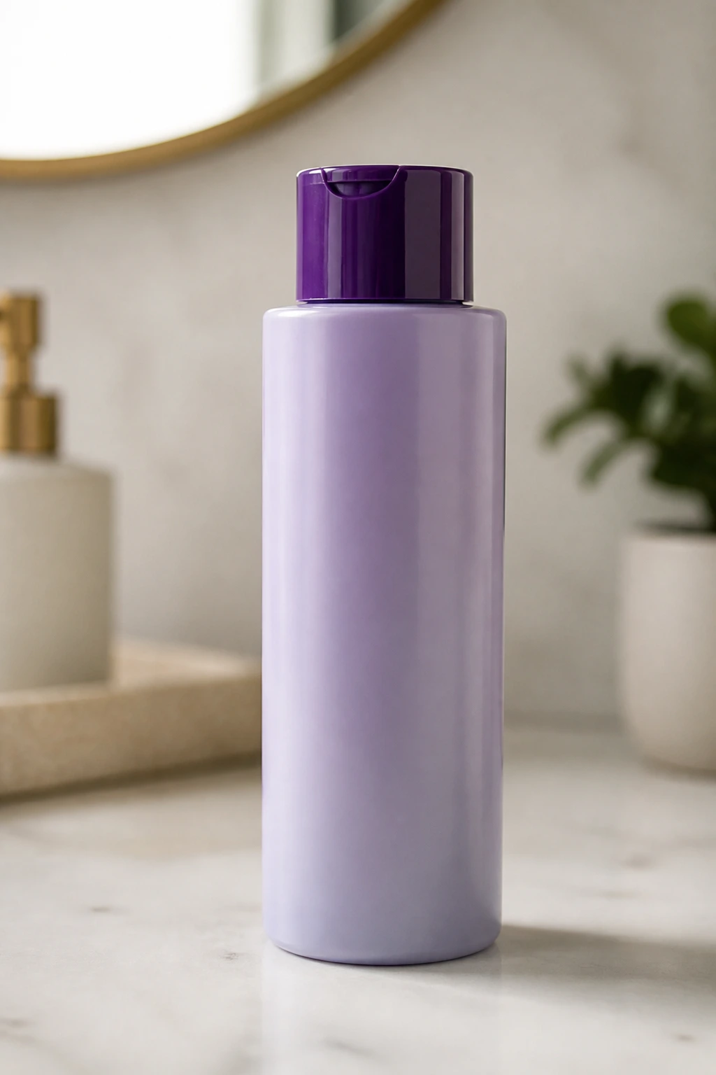 Close-up of a toner bottle on a bathroom counter