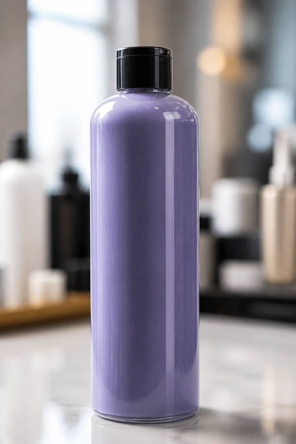 Close-up of violet-based toner bottle on a clean salon counter