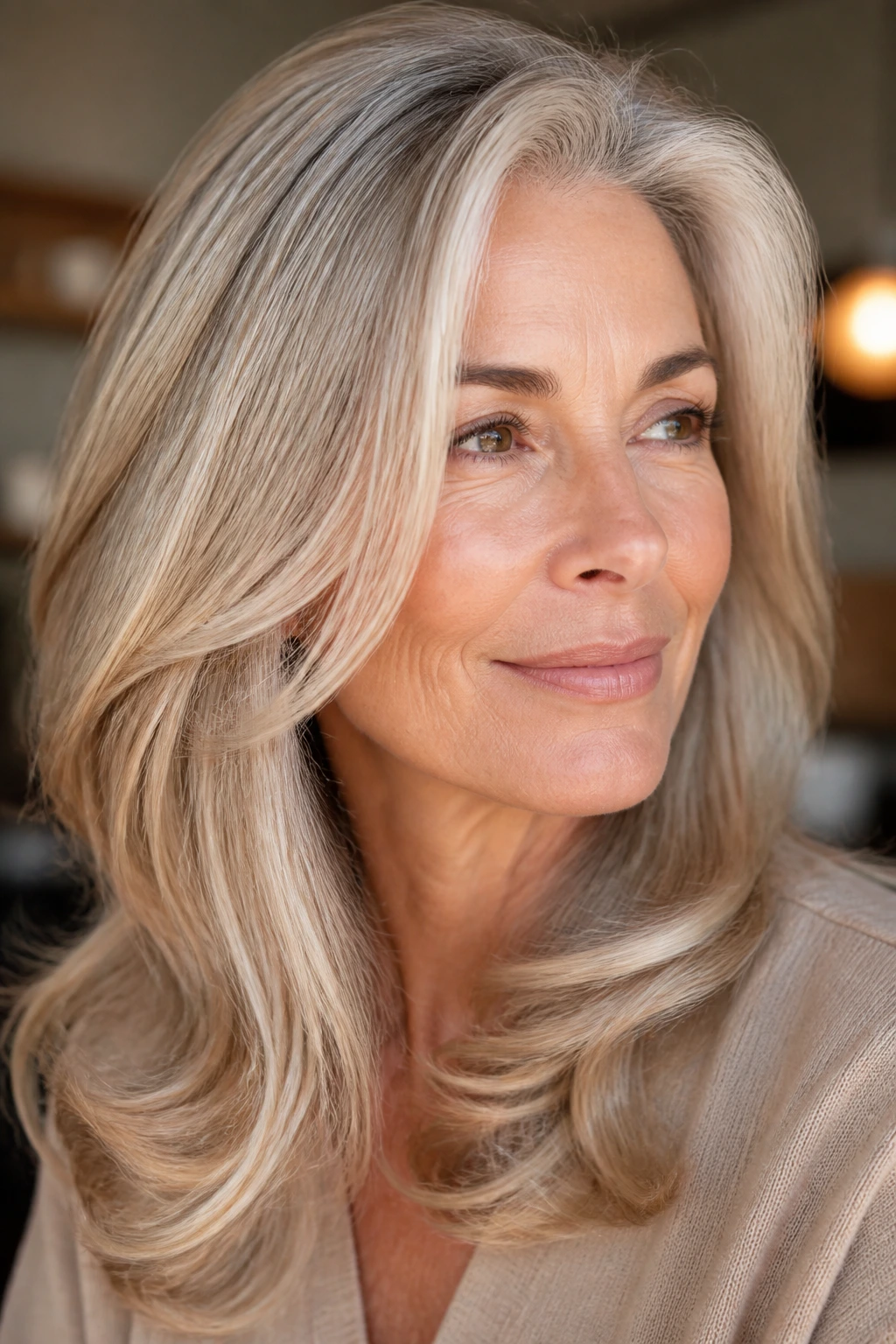 Portrait of a person with soft champagne-beige toned grey hair