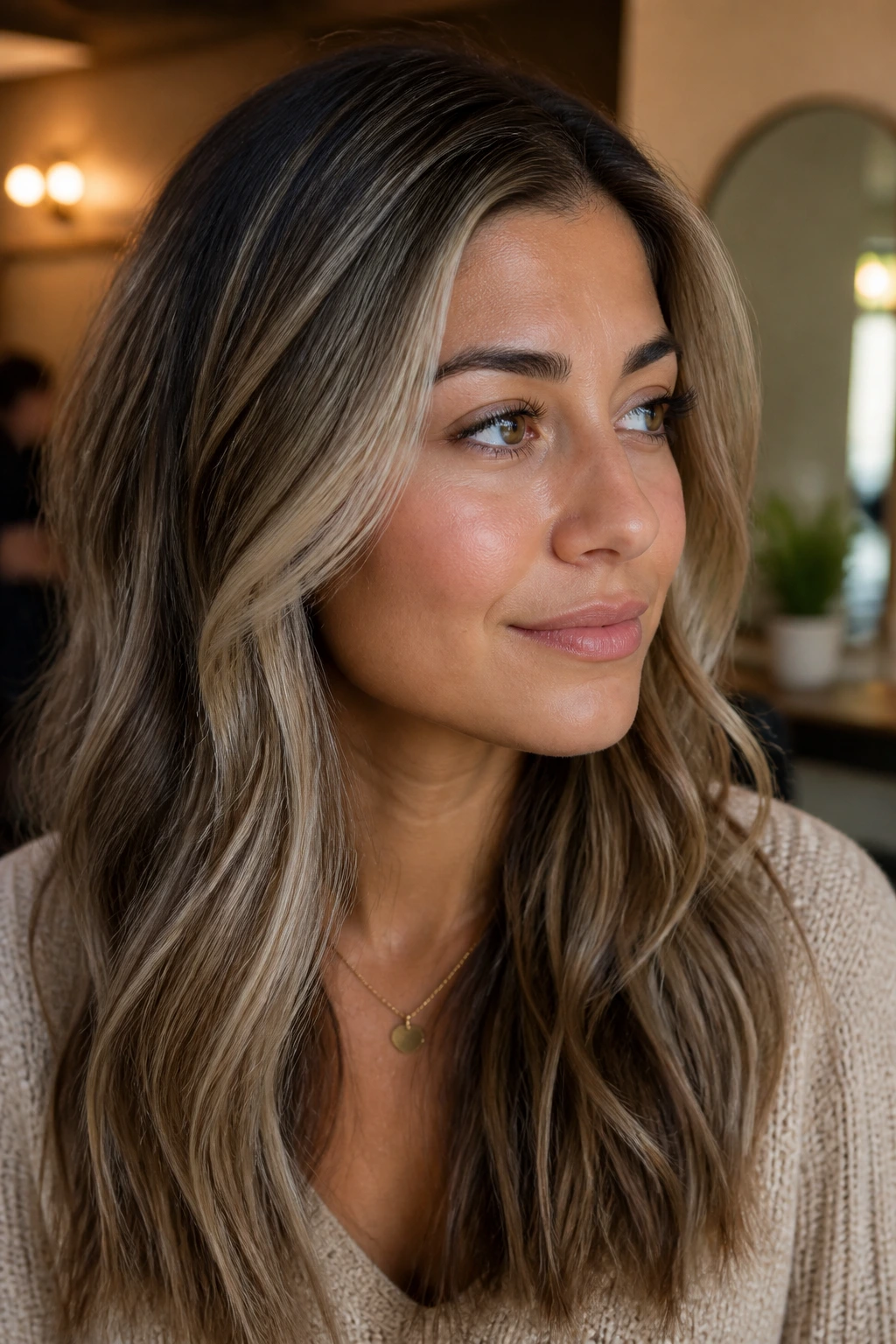 Portrait of a woman with hair toned from gray toward warm gloss