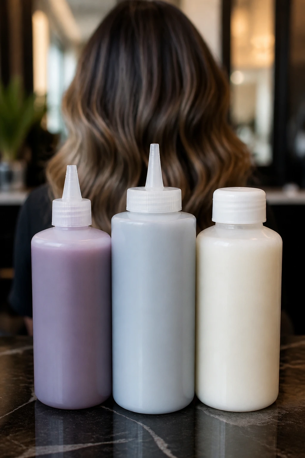 Three color product bottles with no labels showing toner, lightener, and developer choices on a salon counter.