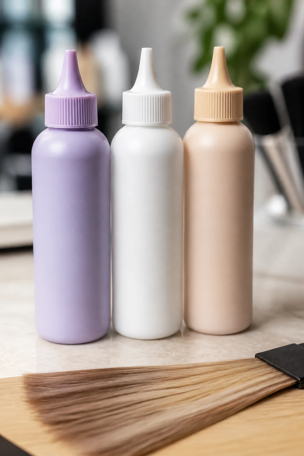 Close-up of toner, lightener, and gloss bottles on a salon counter