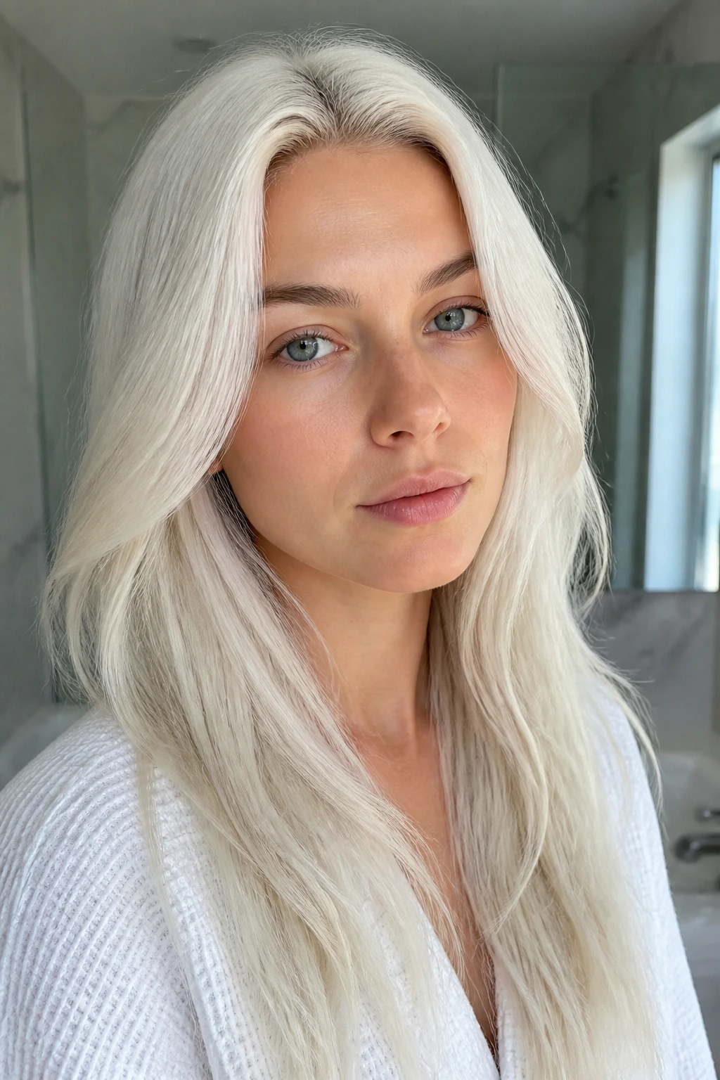 Portrait showing icy-toned platinum hair achieved with the right toner
